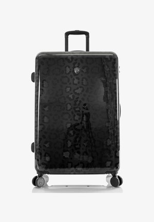 Hartschalenkoffer in Schwarz mit einem dezenten Leopardenmuster. Verfügt über einen ausziehbaren Griff und vier Rollen für Mobilität.