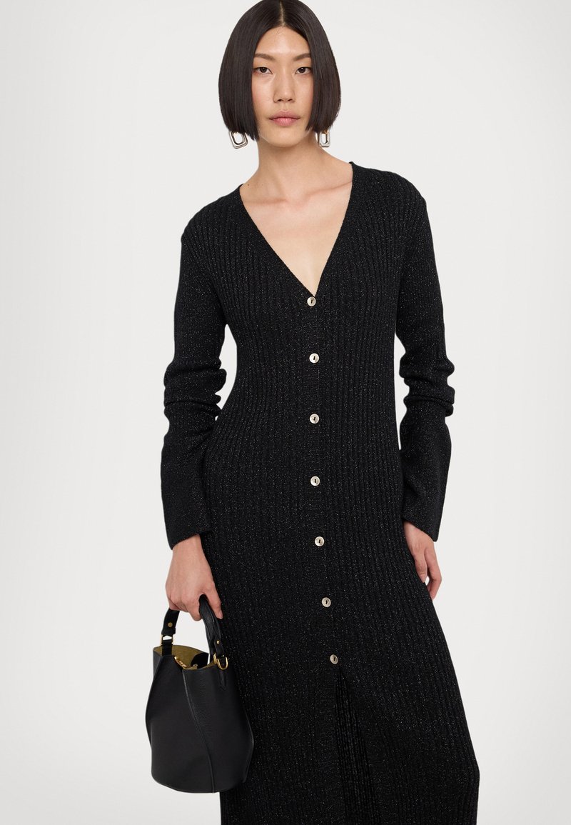 black sweetheart neckline dress Button Down V-Neck Ribbed Cardigan Dress Latte / XS main image 1