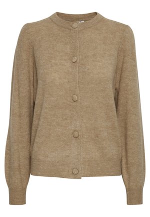 Beige gestrickte Strickjacke mit Rundhalsausschnitt, vorderen Knöpfen und langen Ärmeln mit gerippten Bündchen. Weicher Stoff mit einem dezenten Muster.