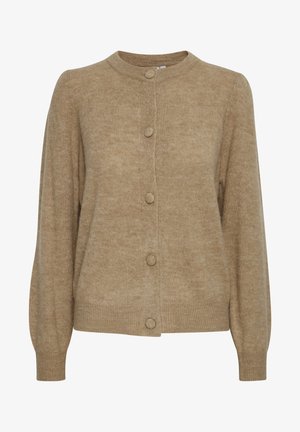 Beige gestrickte Strickjacke mit Rundhalsausschnitt, vorderen Knöpfen und langen Ärmeln mit gerippten Bündchen. Weicher Stoff mit einem dezenten Muster.