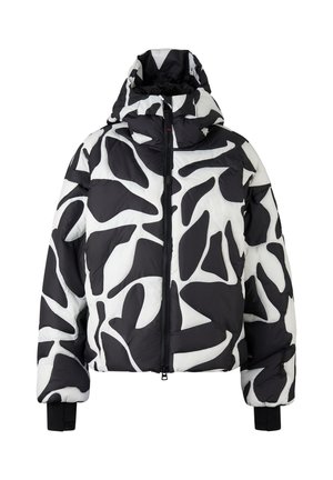 Veste rembourrée en noir et blanc avec un motif abstrait. Elle présente un col montant, une fermeture éclair devant et des poignets élastiques pour plus de chaleur.