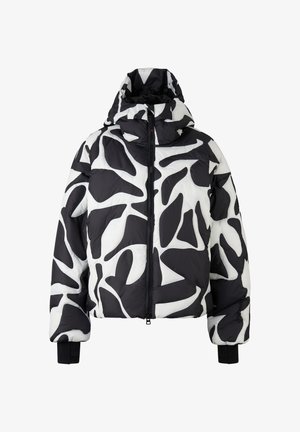 Padded jacket w czerni i bieli z abstrakcyjnym wzorem. Posiada wysoki kołnierz, zamek z przodu oraz elastyczne mankiety dla zapewnienia ciepła.