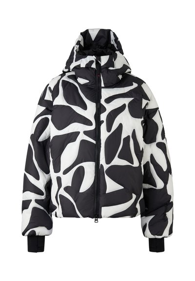 Vycpaná bunda v černé a bílé barvě s abstraktním vzorem. Disponuje vysokým límcem, předním zipem a elastickými manžetami pro zahřátí.