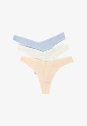 Tres pares de tangas acanaladas en colores azul claro, blanco y durazno, con una pretina en forma de V y una textura suave.