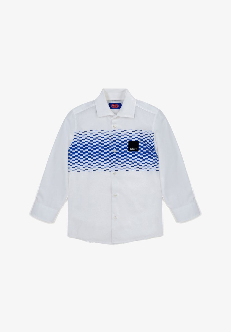 Chemise blanche à manches longues avec boutons, motif à carreaux bleus sur la poitrine et écusson noir du logo Bugatti sur le côté gauche.