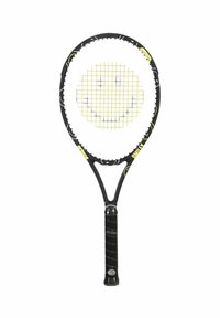 Raqueta de tenis con un marco negro redondo, diseño de cara sonriente amarilla en las cuerdas y un mango negro texturizado.