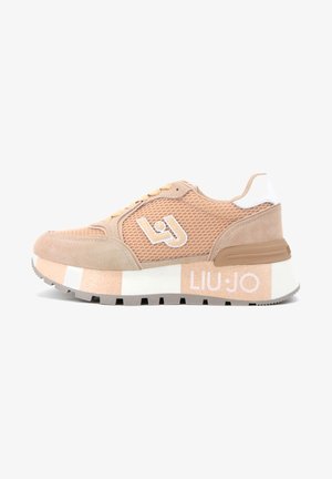 Sneakers beige con materiale in rete e camoscio, suola platform, accento bianco sul tallone e logo "LIU·JO" sul lato in un colore contrastante.