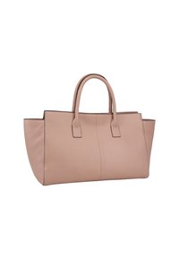 Roze leren tote bag met dubbele handvatten, slanke rechthoekige vorm, contrasterende stiksels en minimalistisch ontwerp. Gladde textuur, geen zichtbare patronen.