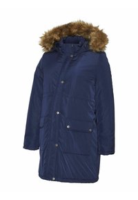 Granatowa parka z futrzanym kapturem, zapinana na zatrzaski, z dwoma przednimi kieszeniami i miękkim, błyszczącym wykończeniem tkaniny.