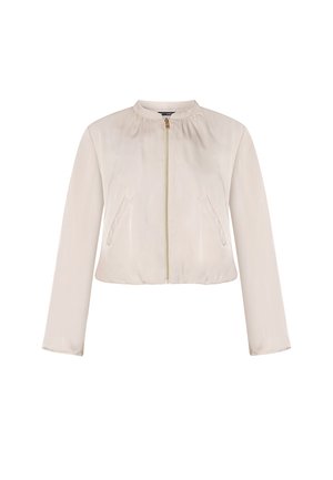 Veste bomber beige clair à manches longues avec fermeture éclair à l'avant et deux poches latérales, dotée d'un col rond et d'un col légèrement froncé.