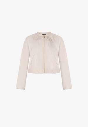 Light beige long-sleeve bomber jacket with front zipper and two side pockets, featuring a round collar and a slightly gathered neckline.