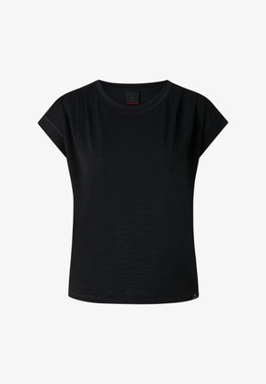Zwart dames-T-shirt met korte mouwen, ronde halslijn en iets omgerolde mouwboorden, weergegeven op een witte achtergrond.
