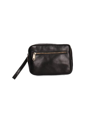 Borsa a pochette in pelle nera con una superficie liscia, forma rettangolare, chiusura con zip superiore e tasca con zip frontale. Presenta un cinturino per il polso staccabile.