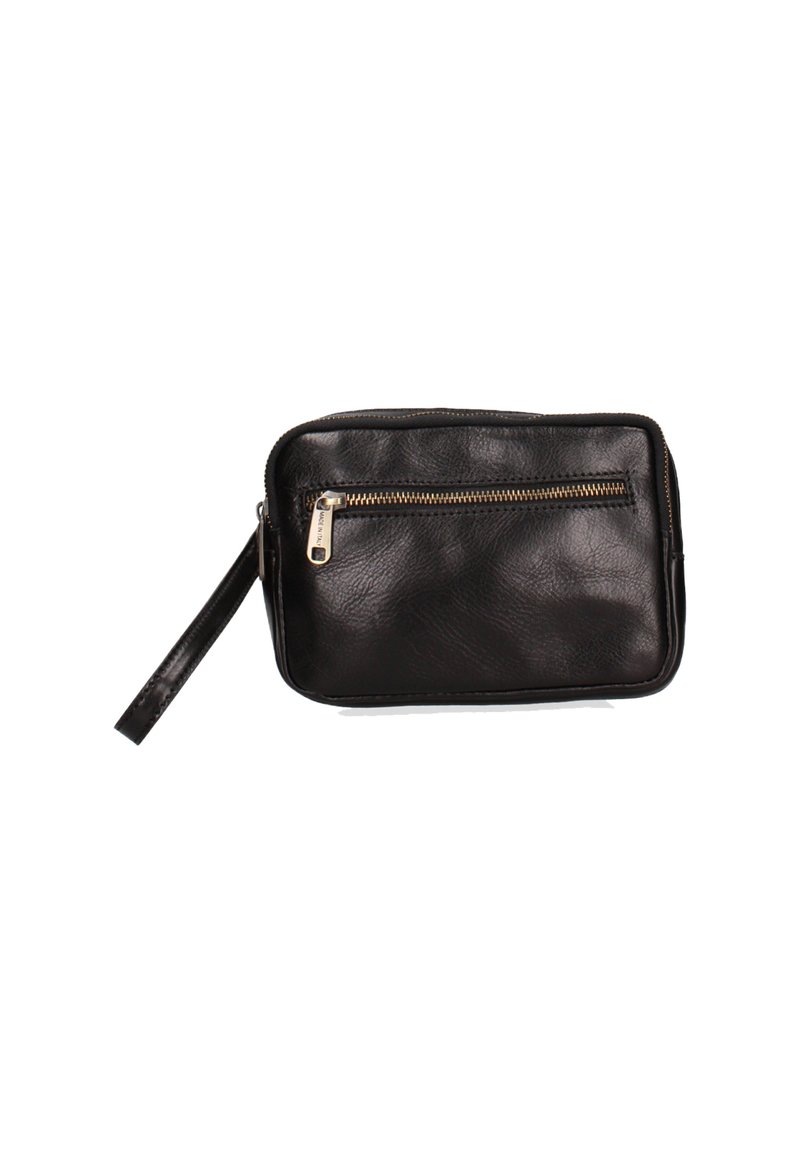 Borsa a pochette in pelle nera con una superficie liscia, forma rettangolare, chiusura con zip superiore e tasca con zip frontale. Presenta un cinturino per il polso staccabile.