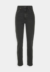 Černé džíny s vysokým pasem a rovnými nohavicemi, s měděnými knoflíky a hladkou texturou. Bez viditelných poškození.