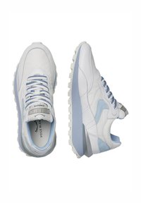 White and light blue sneakers featuring a smooth leather upper, textured accents, padded tongue, and a rugged outsole for traction.