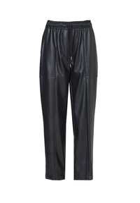 Zwarte faux leren broek met elastische tailleband, trekkoord aan de voorkant en gestikte details langs de benen.