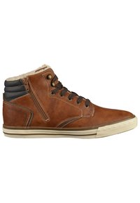 Baskets montantes en cuir marron avec doublure en fausse fourrure, fermeture éclair sur le côté, accents gris fonc�é, couture contrastante et semelle en caoutchouc.