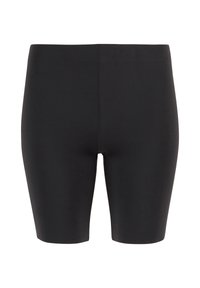 Shorts noirs en tissu extensible, avec une texture lisse, une coupe à mi-genou et un design simple et sans coutures.