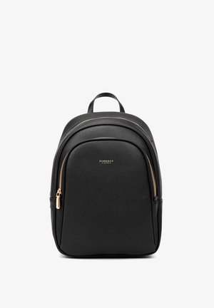 Sac à dos en cuir noir avec une finition texturée, deux compartiments zippés, des accents dorés et une poignée sur le dessus pour le transport.