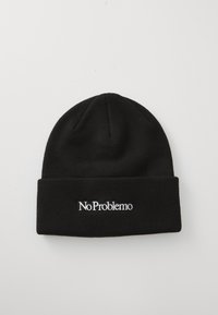 Schwarze Strickmütze mit umgeschlagenem Bündchen. Verziert mit weißer Stickerei, auf der "No Problemo" auf der Vorderseite steht. Hergestellt aus weichem, strukturiertem Material.