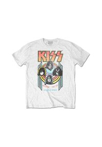 Light gray cotton T-shirt featuring a vintage KISS graphic with four band members, round rainbow accents, and text "ALIVE '96 '97 WORLD WIDE."
