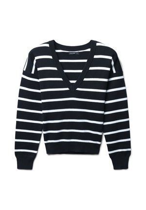 Maglione a righe bianche e nere con scollatura a V, maniche lunghe, polsini ribattuti e orlo, realizzato in un materiale a maglia testurizzata.