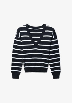 Schwarz-weiß gestreifter Pullover mit V-Ausschnitt, langen Ärmeln, gerippten Bündchen und Saum, hergestellt aus einem strukturierten Strickmaterial.