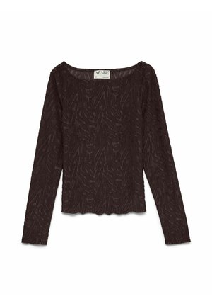 Tumepruun, piklike varrukatega tekstuuriga pluus, millel on abstraktne loomamustri kujundus ja ümmargune kaelus, sildi nähtav kaeluse sees.