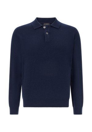 Navyblaues Langarm-Polo-Sweatshirt aus weichem Strickstoff, mit klassischem Kragen und einer Drei-Knopf-Leiste. Glatte Textur und taillierte Passform.
