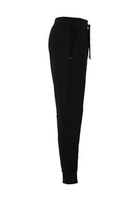 Zwarte sweatpants met een elastische tailleband, trekkoorddetail en taps toelopende boorden. Inclusief een zijzak en een gladde, zachte textuur.