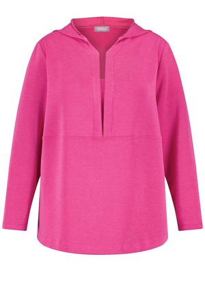 Virkistävän vaaleanpunainen pitkähihainen huppari, jossa on hupullinen pääntie ja syvä V-aukkoinen rintamallinen leikkaus, valmistettu sileästä kankaasta, rento ja väljä istuvuus.