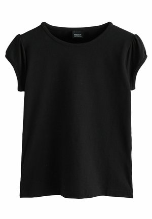 Schwarzes T-Shirt mit kurzen Ärmeln aus weicher Baumwolle. Es hat einen runden Ausschnitt und leicht geraffte Ärmel für zusätzliche Details.