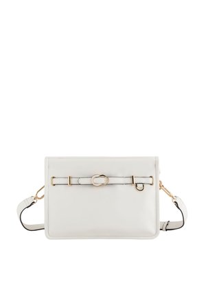 White leather crossbody bag with a rectangular shape, featuring a flat front, gold hardware, and adjustable strap. Textured detailing accents the design.