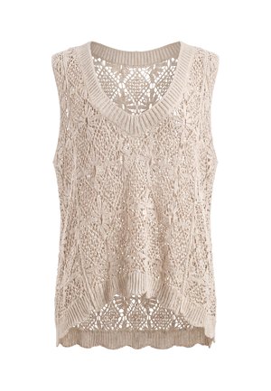 Beige ärmellose gestrickte Weste mit floralem Spitzenmuster, V-Ausschnitt, gerippten Kanten und welligem Saum auf weißem Hintergrund.