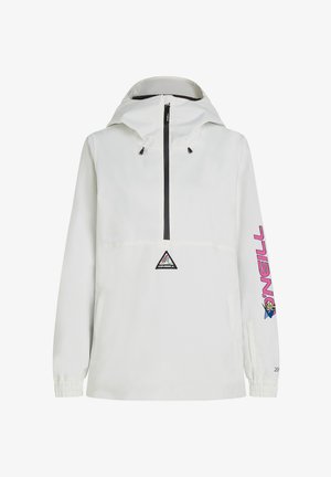 White anorak jacket with a black zipper, adjustable hood, elastic cuffs, and a pink graphic design on the sleeve. Features a logo on the front.