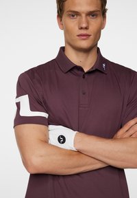 Burgundin värinen polo paita, jossa on kaulus ja lyhyet hihat. Paidassa on valkoinen logo korostus hihassa sekä tyylikäs, teksturoitu kangas.