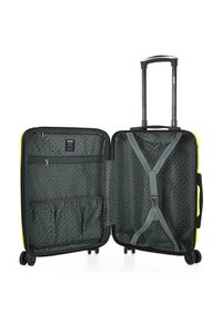 Maleta rígida de color amarillo brillante con cremallera negra, que cuenta con un interior gris con un diseño, múltiples compartimentos y correas ajustables.