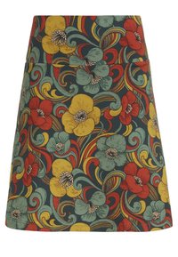 Hame A-linjainen kukkakuosisessa tummansinisessä kankaassa, jossa on suuria punaisia, keltaisia ja teal-värisiä kukkia pyörteisine kuvioineen. Sileä pinta, polvipituinen malli.
