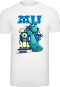 White t-shirt featuring blue text "MU" above characters Mike and Sulley in varsity jackets, standing on books with colorful covers.