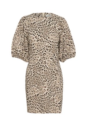Short-sleeve dress with a leopard print in beige and brown tones, featuring a round neckline and relaxed silhouette.
