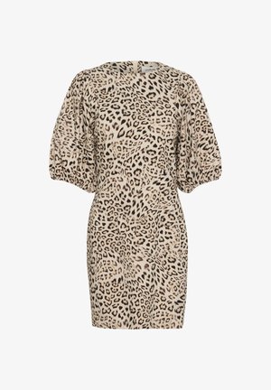 Kratka haljina s uzorkom tigra u bež i smešnim tonovima, s okruglim izrezom i opuštenim siluetom.
