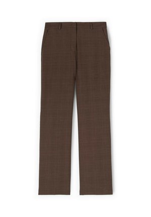 Pantalon marron droit avec un motif à carreaux subtil, poches avant, passants pour ceinture et braguette zippée.