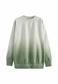 Hanorac cu un gradient verde, cu guler rotund, realizat dintr-un amestec moale de bumbac, cu manșete ribbate și o croială ușor supradimensionată.