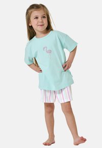 Camiseta verde menta con un gráfico de flamenco, combinada con pantalones cortos a rayas en tonos pastel de rosa, azul y blanco. Mezcla de algodón, corte relajado.
