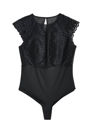 Sort ærmeløs bodystocking med blondermønstrede frontpaneler, bølgede blondekapærmer, gennemsigtig halsudskæring og lukning med knap og nøglehul på bagsiden.