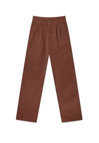 Brown cotton pants with a straight-leg design, featuring a button closure, front pleats, and side pockets. Smooth texture and no patterns.