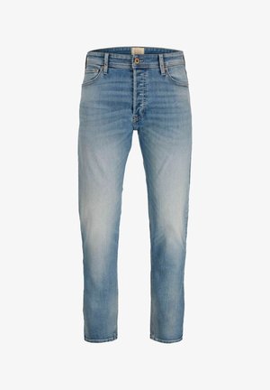 Svetlo modri izblazeni trdi hlače z petimi žepi in gumbom za zapiranje, prikazane spredaj na beli podlagi.