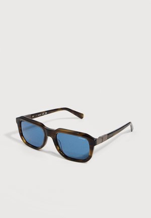 Rectangular tortoiseshell sunglasses with blue tinted lenses and slim arms, laid flat on a white surface.