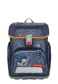 Marineblauer Kinder-Rucksack mit geometrischen Mustern, orangefarbenen Akzenten, Fronttasche mit einem Design eines Polizeihubschraubers und robusten Reißverschlüssen.